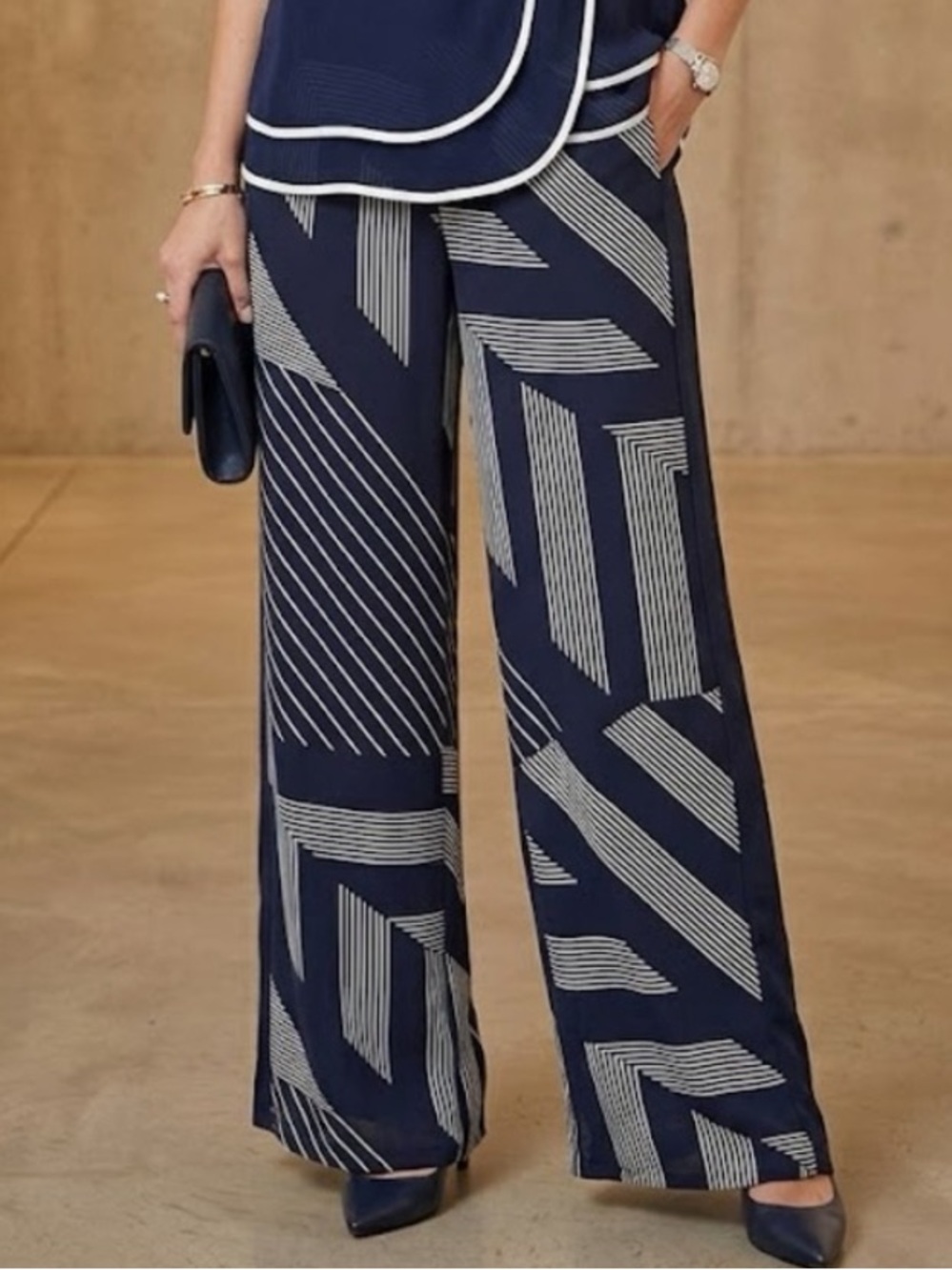 Peruzzi Italy Navy Blue Geometric Stripe Wide Leg Pants - Size Large